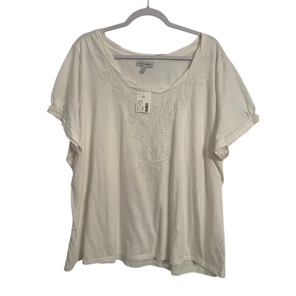 Fashion Bug NWT Women's 2X Beach Floral Textured Raw Metallic Stripe Top Clean - Picture 1 of 12